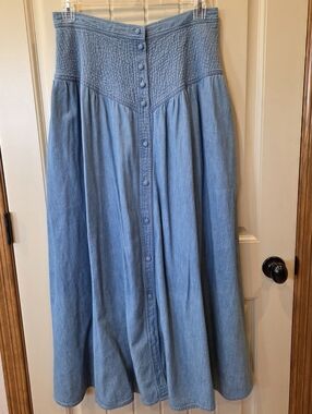 VTG Rumba by Anai Denim Maxi Skirt Smocked High Waist Button Front Blue L Boho